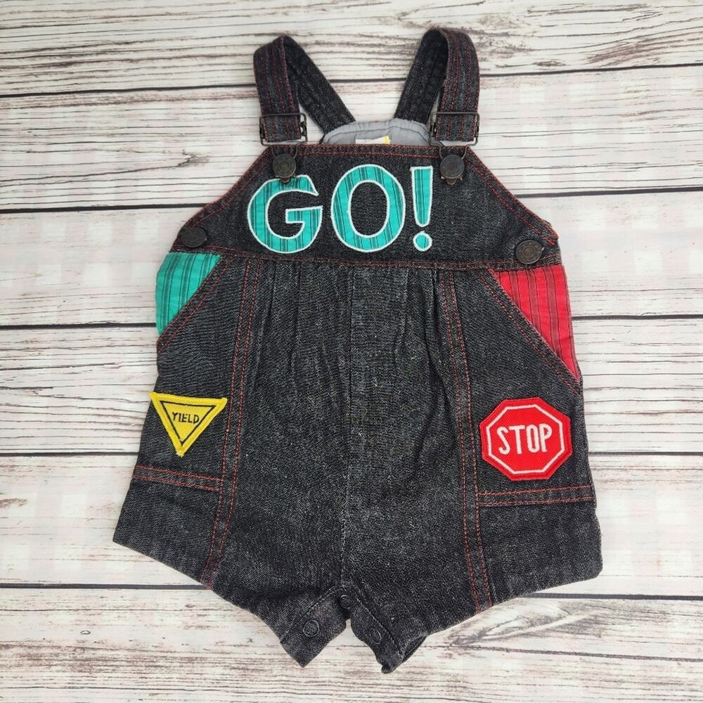 Vintage Baby Overalls Black Denim 12m Colorful Summer Vacation